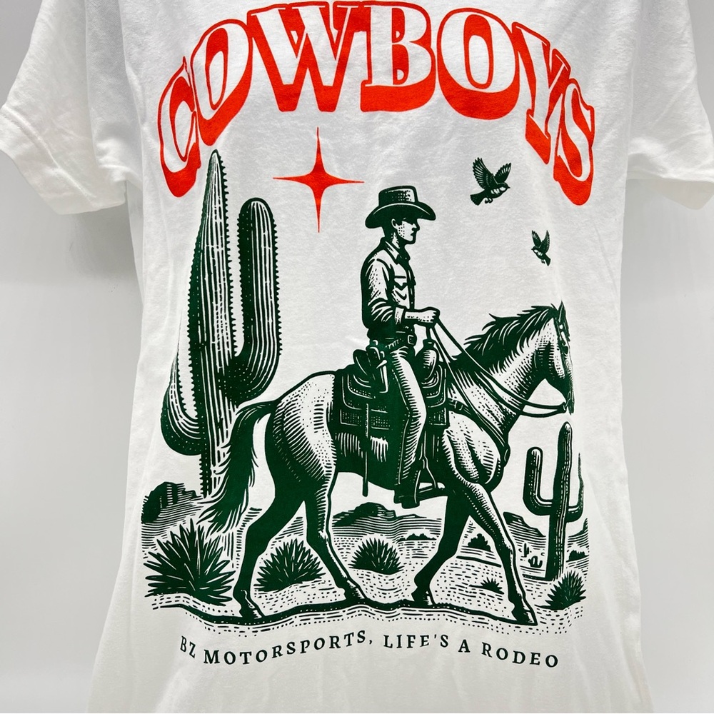 BZ Motorsports, Life’s A Rodeo White Cowboy Graphic T-Shirt w/Green/Orange Print - Picture 4 of 7